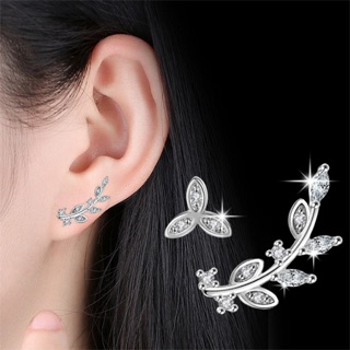 Hoa tai bạc Ý hình lá thiết kế bất đối xứng - Khuyên tai bông tai chiếc lá đính đá kim cương nhân tạo zircon duyên dáng