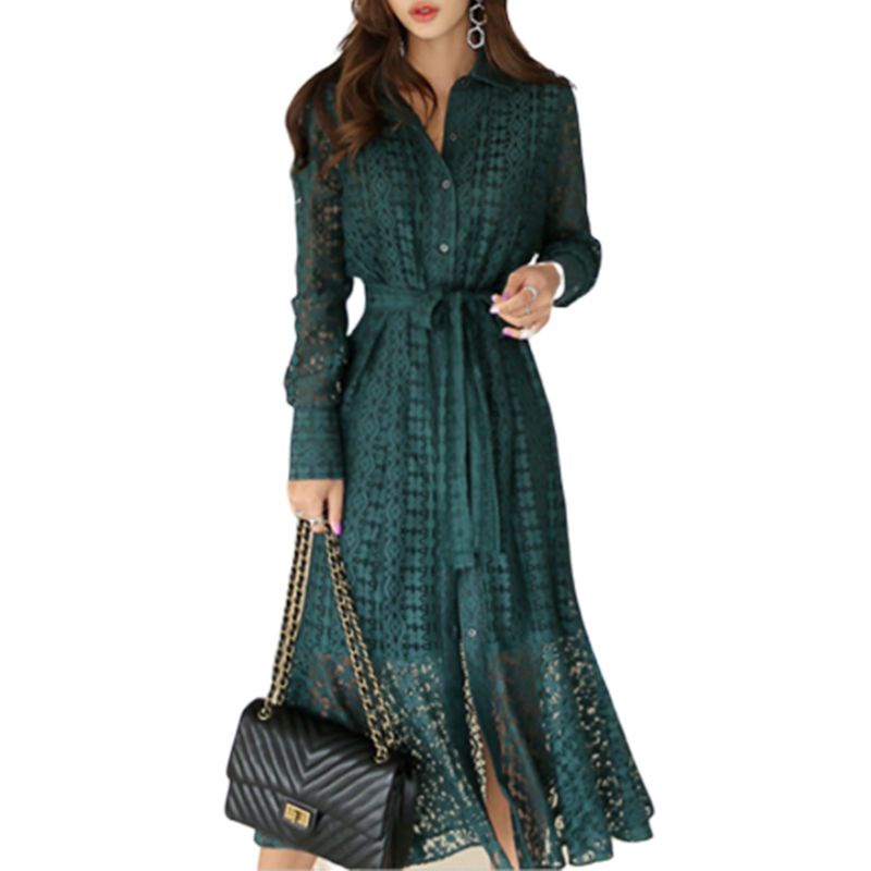 Đầm Đuôi Cá Tay Dài Cổ Bẻ Màu Sắc Trơn Kèm Thắt Lưng Phong Cách Vintage Dành Cho Nữ