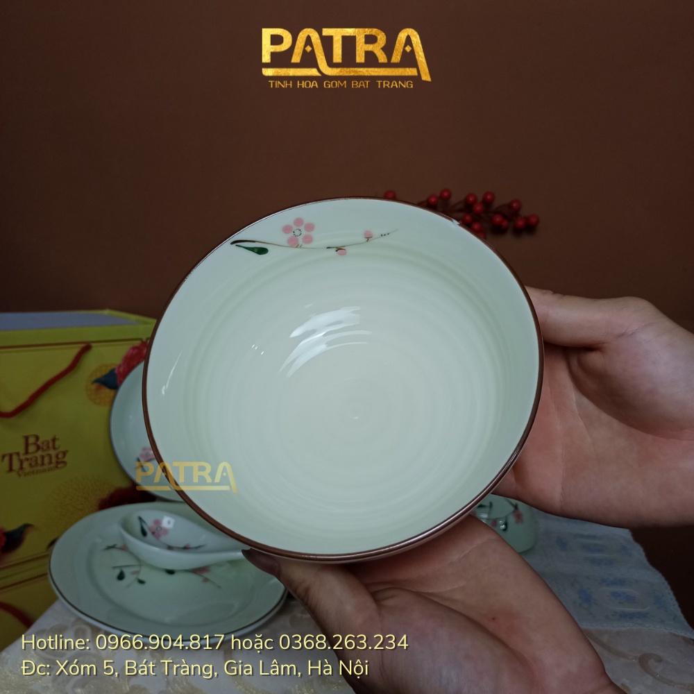 Bộ bát đĩa sứ Bát Tràng, bộ chén dĩa men kem họa tiết hoa đào đỏ 13 chi tiết, có bán các món lẻ