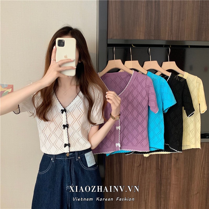 Áo croptop XIAOZHAINV dệt kim tay ngắn cổ chữ V thời trang mùa hè tùy chọn màu sắc dành cho nữ