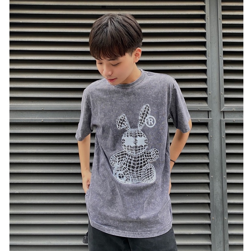 Áo thun Wash loang Thỏ Trắng Zin VG, Áo thun unisex nam nữ form rộng oversize chất liệu Cotton