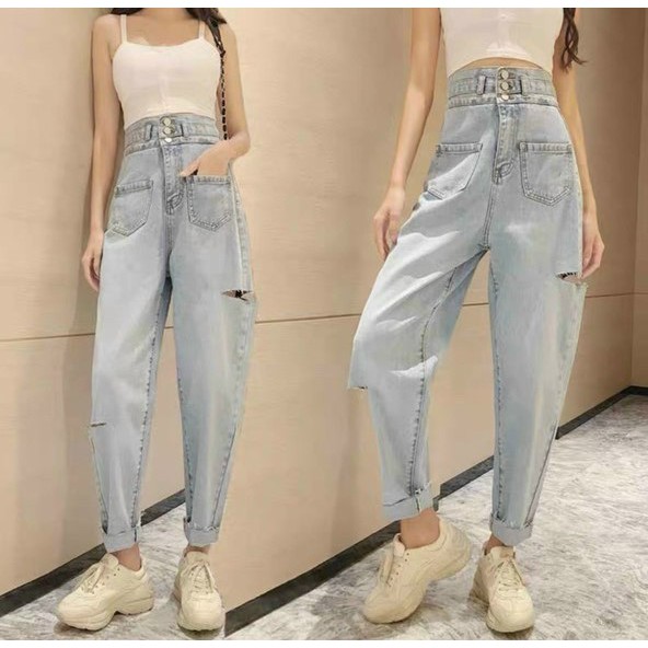 QUẦN BAGGY JEAN NỮ LƯNG CAO MÀU XANH NHẠT CAO CẤP HADI 3 NÚT, 2 TÚI TRƯỚC RÁCH 2 BE