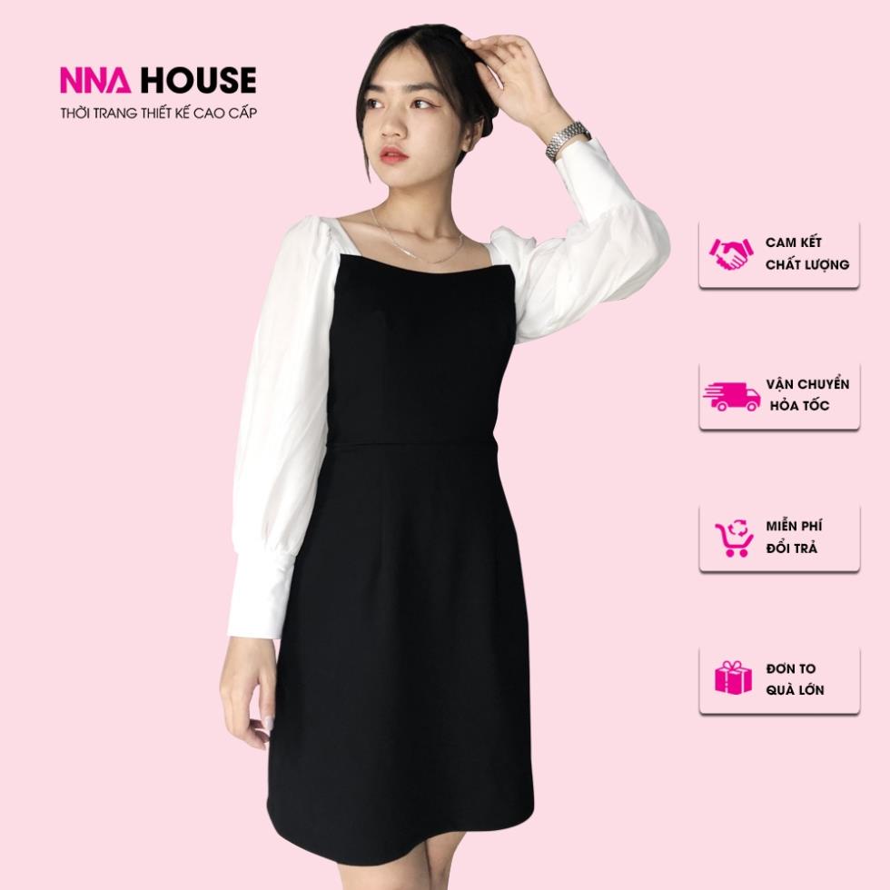 Đầm dài tay dự tiệc cao cấp cổ vuông tay dài - Váy đầm midi thiết kế phối đen trắng sang trọng lịch sự NNAHOUSE Mã NA222