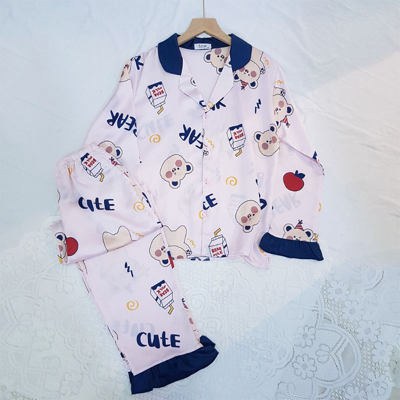 Bộ pijama dài tay, đồ bộ ngủ mặc nhà lụa satin mềm mịn mát mẻ in hình gấu BRR siêu xinh