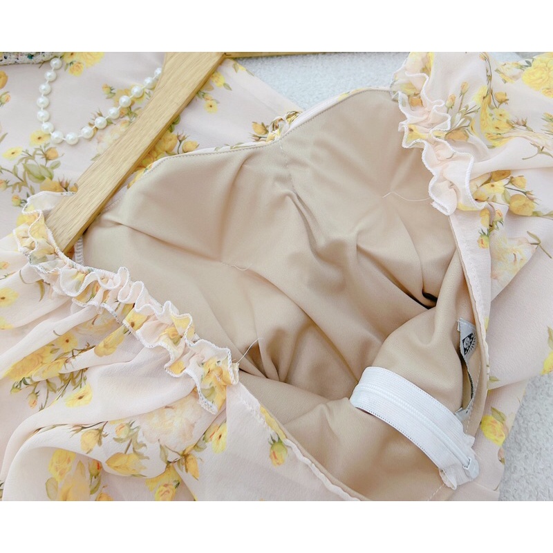 Đầm mixi hoa vàng bèo phồng