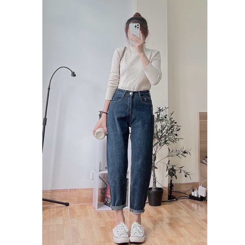 Quần jeans baggy quần bò nữ cạp cao dáng chuẩn cực dày và co giãn