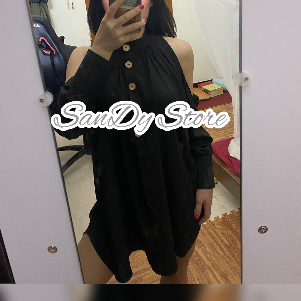 Váy sơ mi lụa trễ vai- sandy store77