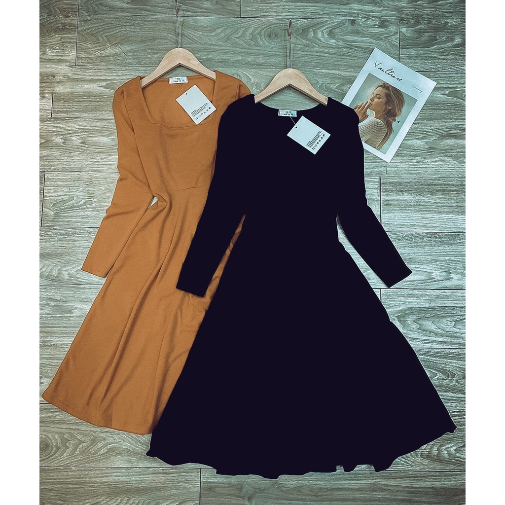 Váy Len Zip Hàn Cổ Vuông Nữ [FREESHIP] 🌸 Đầm midi body dáng xòe cổ U màu ĐEN | Nâu Ulzzang HOT 🌸 | BigBuy360 - bigbuy360.vn