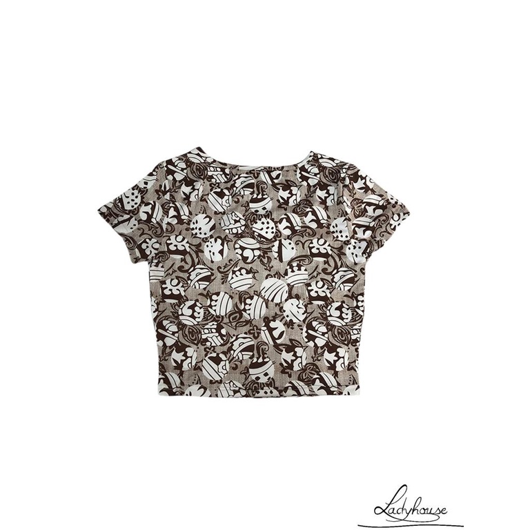 Áo Croptop Tay Ngắn Cổ Vuông In Họa Tiết Cổ Điển Dành Cho Nữ
