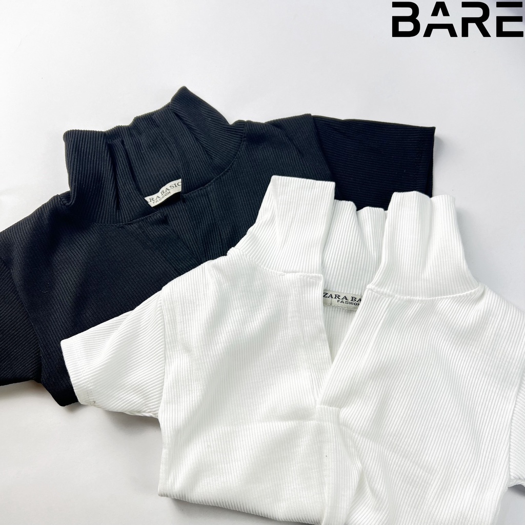 Áo thun tay ngắn nữ Bare , áo thun có cổ Polo thiết kế vạt bầu cá tính chất thun gân ôm tôn dáng - AO082