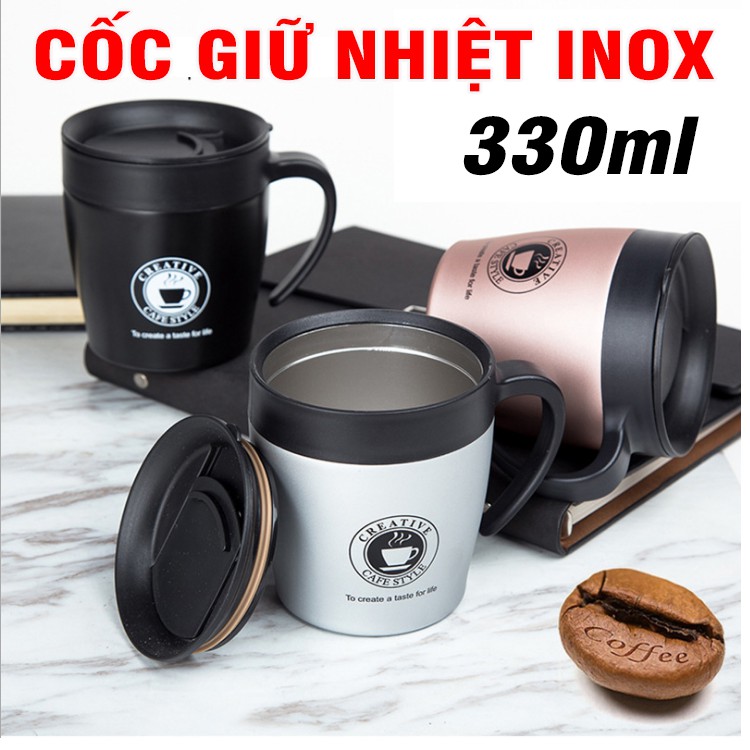 Cốc giữ nhiệt 330ml bằng Inox 304 cao cấp có tay cầm đựng cafe trà kèm thìa inox ( Creative cafe style)