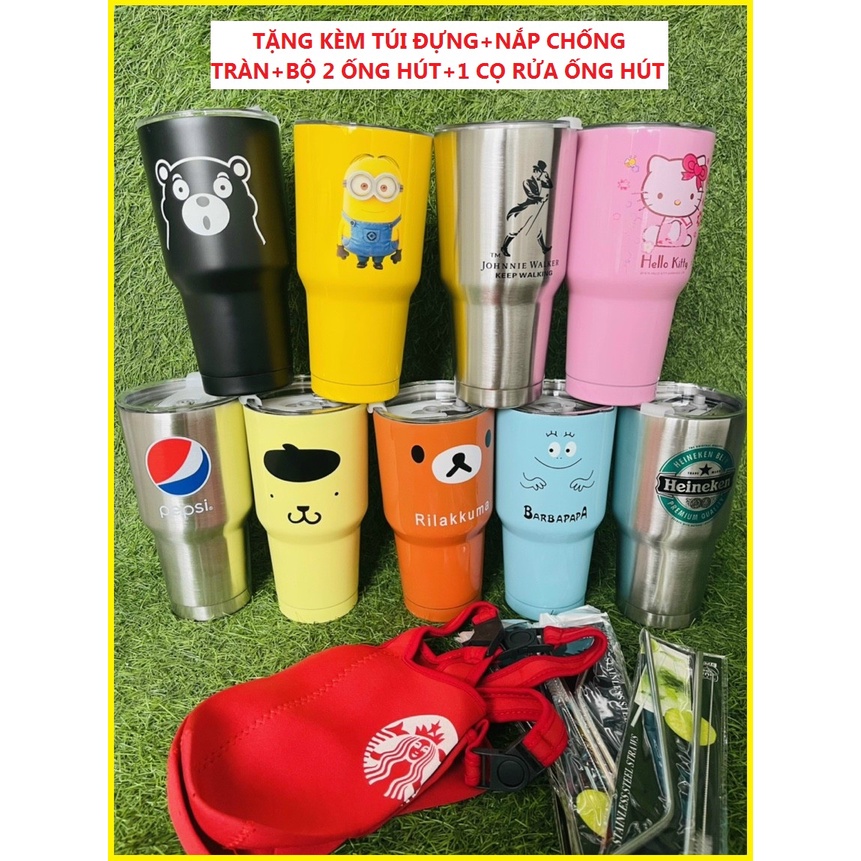 Ly Giữ Nhiệt inox 2 lớp Thái Lan 900ml+túi đựng chống sốc+bộ ống hút Inox+cọ rửa ống hút-TÀI NHI