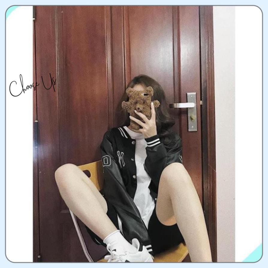 Áo khoác bomber NY phối da Unisex, thể thao bóng chày viền cổ Choose Us