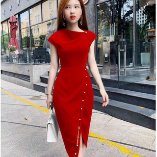 Đầm body nữ dự tiệc không tay đính nút màu đỏ đen gợi cảm trẻ trung