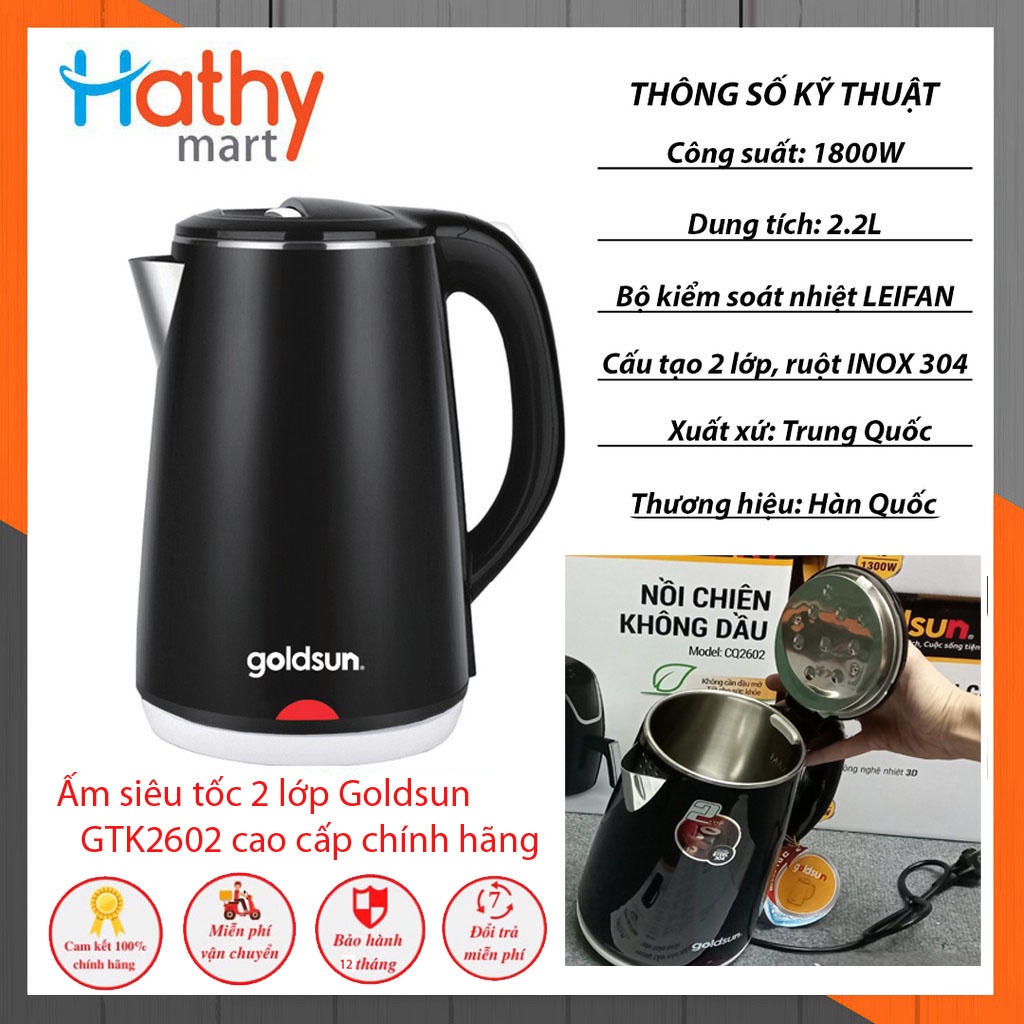 Bình ấm đun siêu tốc Godlsun  2 lớp GKT2602 2.2l