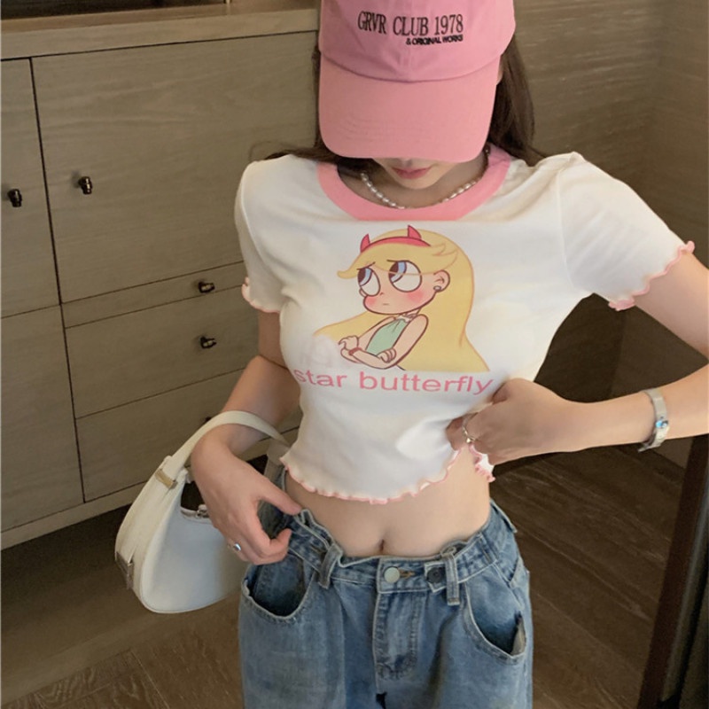 Áo Thun Nữ Tay Ngắn Dáng Ôm In Họa Tiết Hoạt Hình Dễ Thương