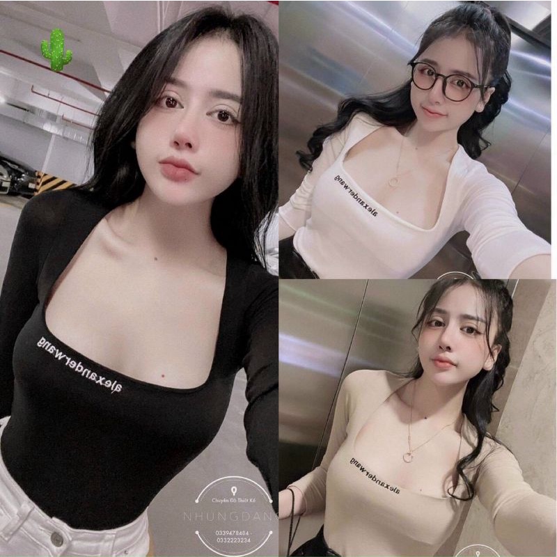 Áo thun cổ vuông tay dài thêu chữ (PU-CA)