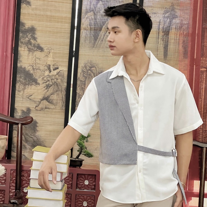 Áo Sơ Mi Tay Ngắn Nam Trắng/Đen Phối Vest Đen Premium Unisex Chất Vải Dày Đẹp Mr Smile 99 Shop