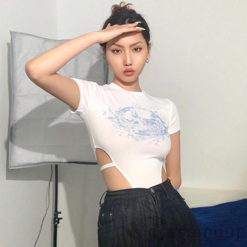 DRESSINGUP-Áo Liền Quần Tay Ngắn Cổ Tròn Thiết Kế Độc Đáo Cá Tính Dành Cho Nữ