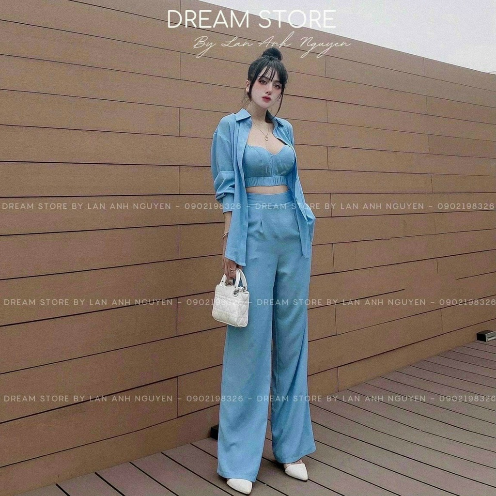[9.9 Sales Freeship] Set bộ đũi 3 món đi biển, set áo sơ mi trơn tay dài nhiều màu sắc kèm áo bra + quần ống rộng dx