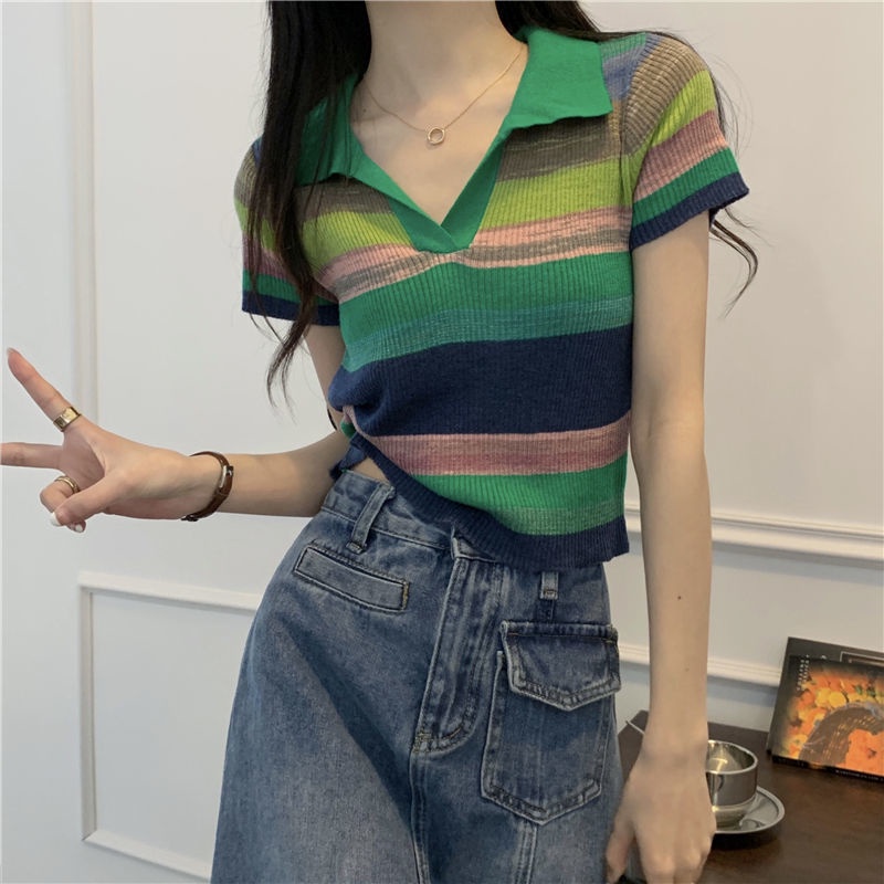 Áo Sơ Mi Cổ Polo Kẻ Sọc Phối Màu Thời Trang Mùa Hè Cho Nữ