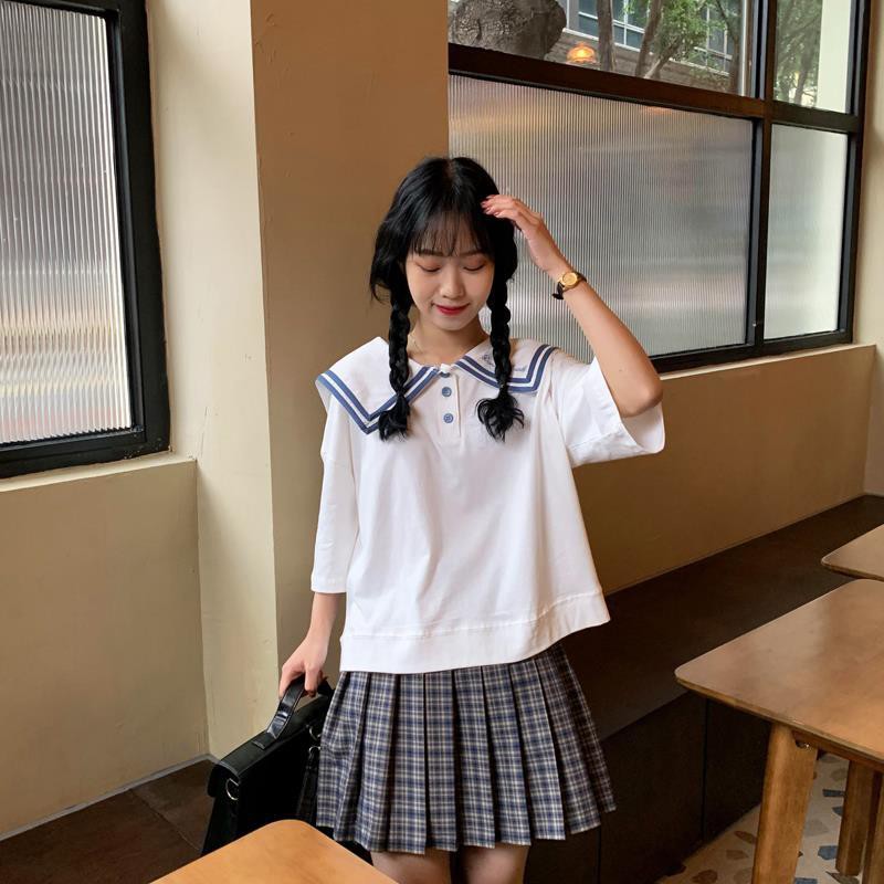 ♈[Bộ đồ hai mảnh] Váy đồng phục JK mùa hè phong cách đại học Hàn Quốc ngắn xếp ly tay xu hướng áo sơ mi
