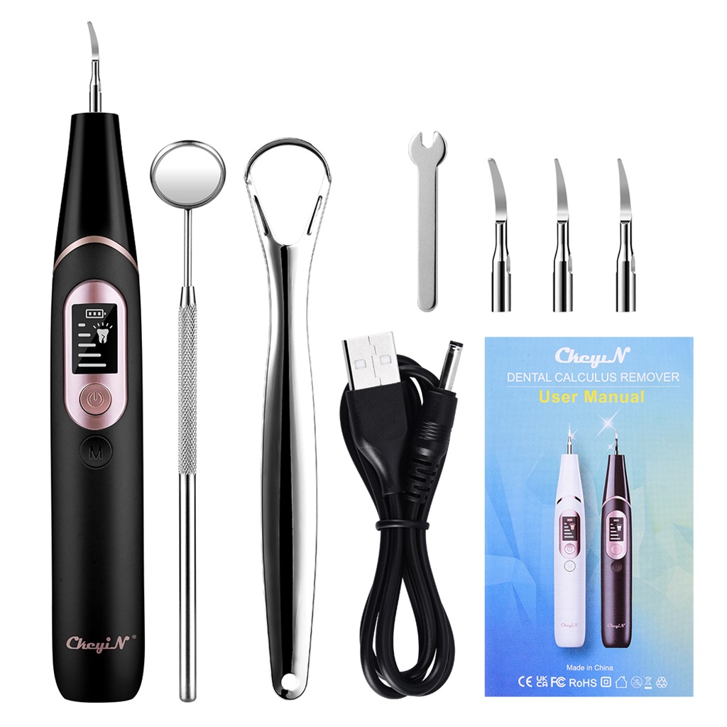 Máy cạo vôi răng CKEYIN KQ155 hoạt động điện siêu âm sạc USB chống thấm nước IPX6 có đèn trợ sáng LED xoay 360 độ