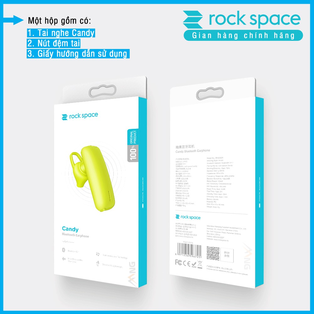 Tai nghe không dây đơn chống ồn Rockspace bluetooth Candy dành cho iphone, Samsung, Xiaome