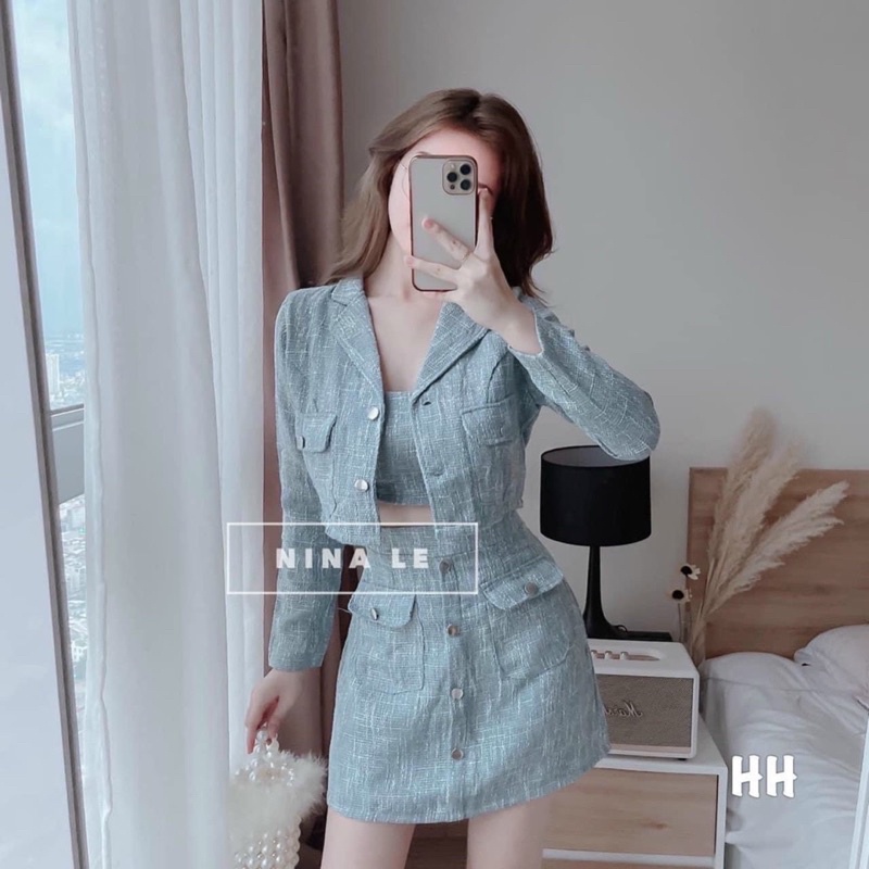 Set ba món : áo cúp dây + áo khoác croptop + chân váy dạ