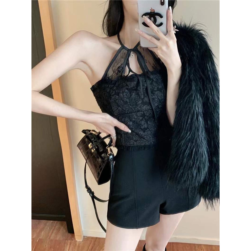 áo 2 dây có mút ngực áo hai dây croptop Dáng Ngắn Phối Ren Thời Trang Mùa Đông Quyến Rũ Cho Nữ