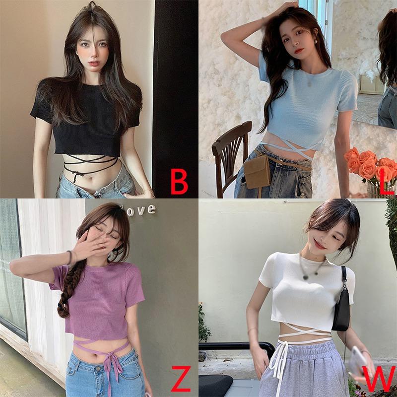 Áo Croptop Dệt Kim Tay Ngắn Cổ Tròn Màu Sắc Đơn Giản Phong Cách Hàn Quốc