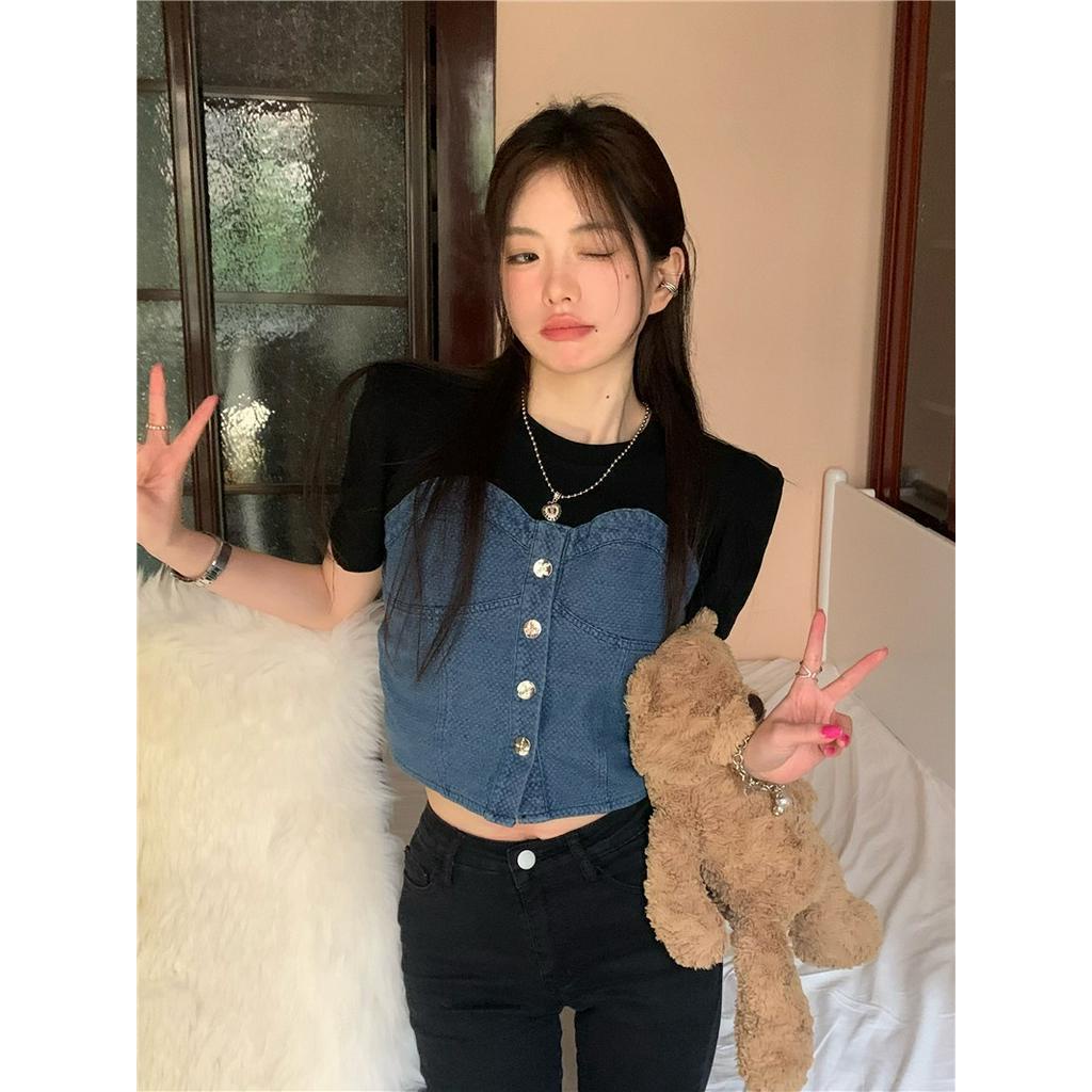 Áo Thun Ngắn Tay Giả Hai Lớp Phối denim Thời Trang Mùa Hè Cho Nữ