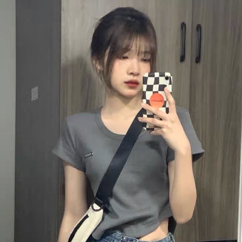 Áo Thun Nữ Ngắn Tay Cổ Chữ U Vạt Lệch Thời Trang