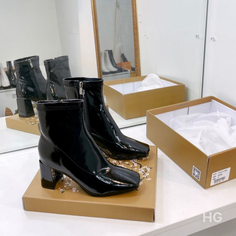 HLo(ẢNH THẬT) Boot Cổ Thấp Mijili Gót Vuông Cạnh 8p Da Bóng Mềm Êm Box Hoa Đào Cao Cấp