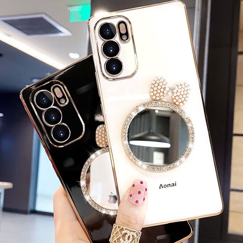 Ốp Điện Thoại Mềm Tráng Gương Trang Điểm Đính Nơ Và Ngọc Trai Cho OPPO Reno6 Reno6 Z 5G Reno6 Pro 5G