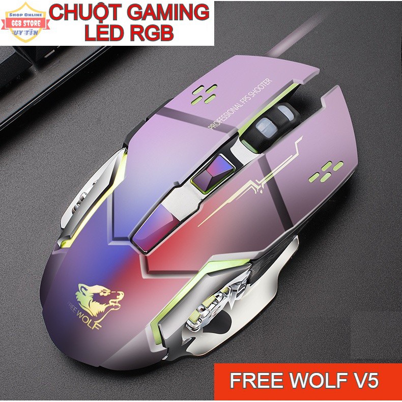 CHUỘT CHƠI GAME, CHUỘT GAMING LED RGB FREE WOLF V5 [TẶNG KÈM LÓT CHUỘT] SIÊU PHẨM GAMING THIẾT KẾ HẦM HỐ CHẤT LƯỢNG CAO | BigBuy360 - bigbuy360.vn