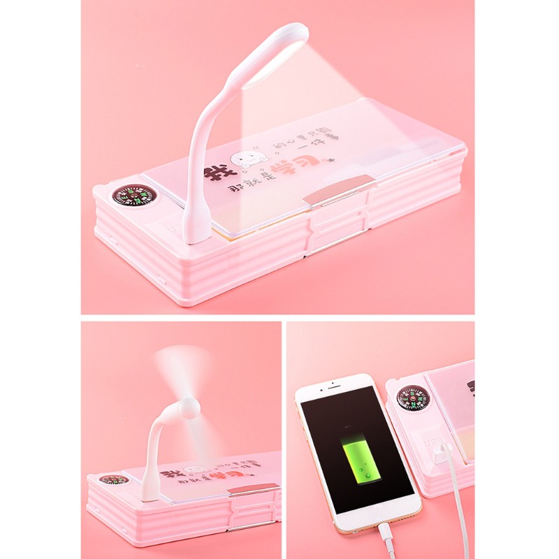 Top New Creative Multifunctional USB Charging Pencil Case With Led Light And Usb Mini Fan Stationery Box Pencil Case