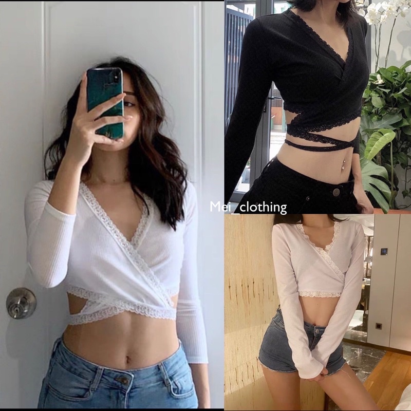 [Ảnh thật/sẵn] Áo croptop viền ren, buộc nơ quanh eo/ Áo croptop vạt chéo dài tay sang chảnh