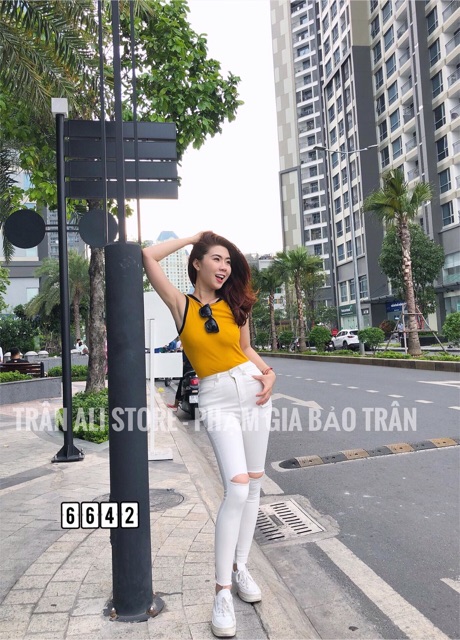 Quần jean đen trắng rách gối dáng ôm cạp cao QJ5390 - 5391 - NhiNhi Shop