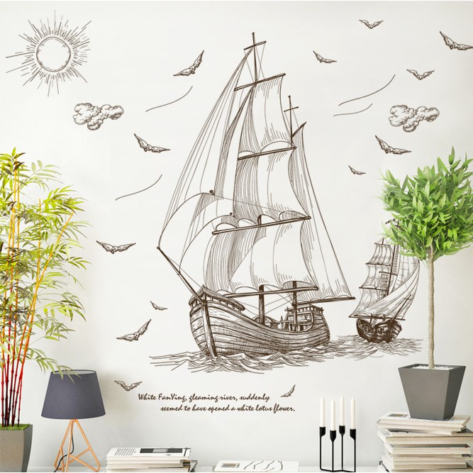 Decal trang trí Tranh Vẽ Thuyền lớn Thuyền nhỏ