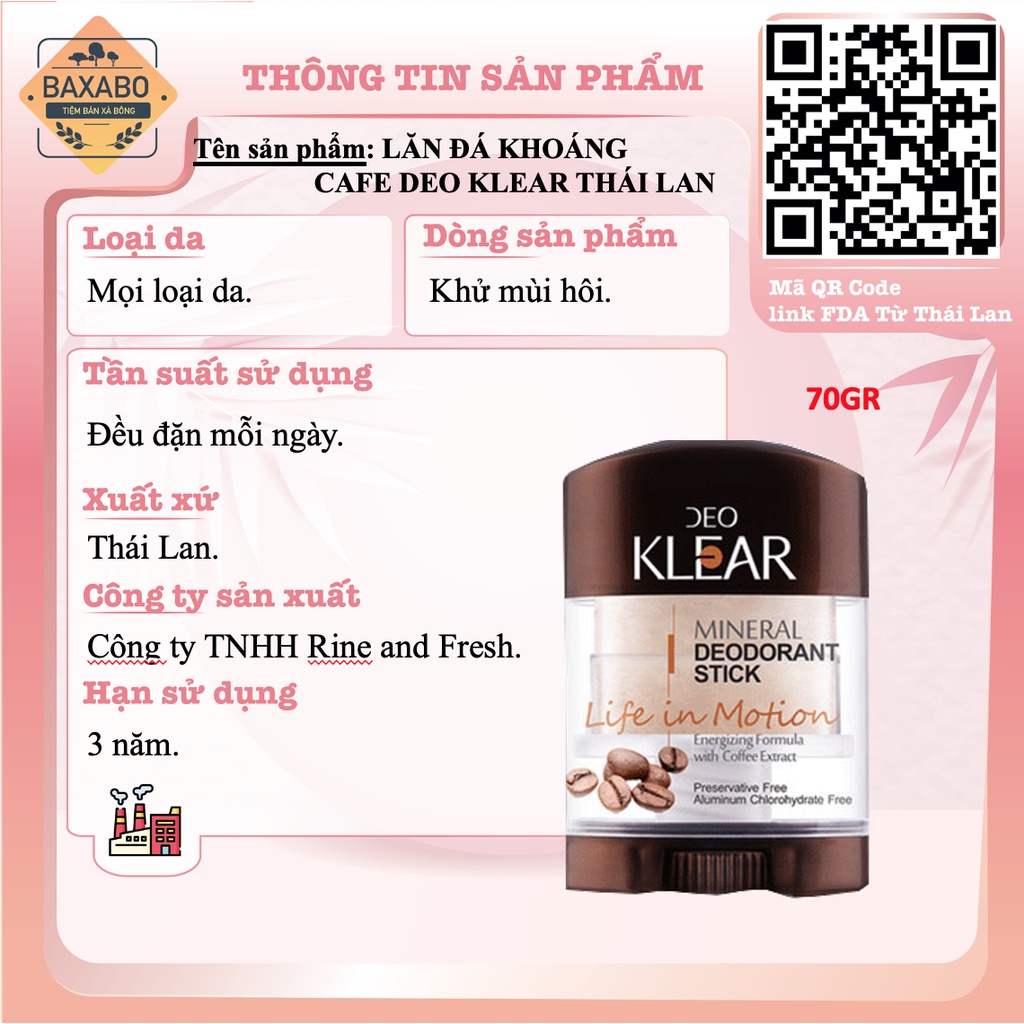 LĂN ĐÁ KHOÁNG DEO KLEAR MINERAL DEODORANT STICK THÁI LAN - HÀNG CHÍNH HÃNG - ĐỦ MÙI