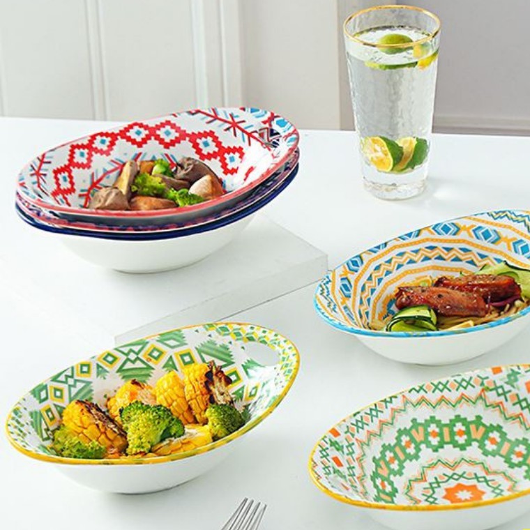 Đĩa sứ, đĩa decor phong cách bohemia có tay cầm - đĩa trang trí phụ kiện bàn ăn sang trọng