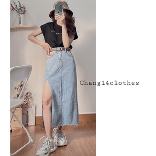 Chân váy bò xẻ tà - chân váy denim cạp cao hack dáng quảng châu siêu đẹp 2 màu xanh đen