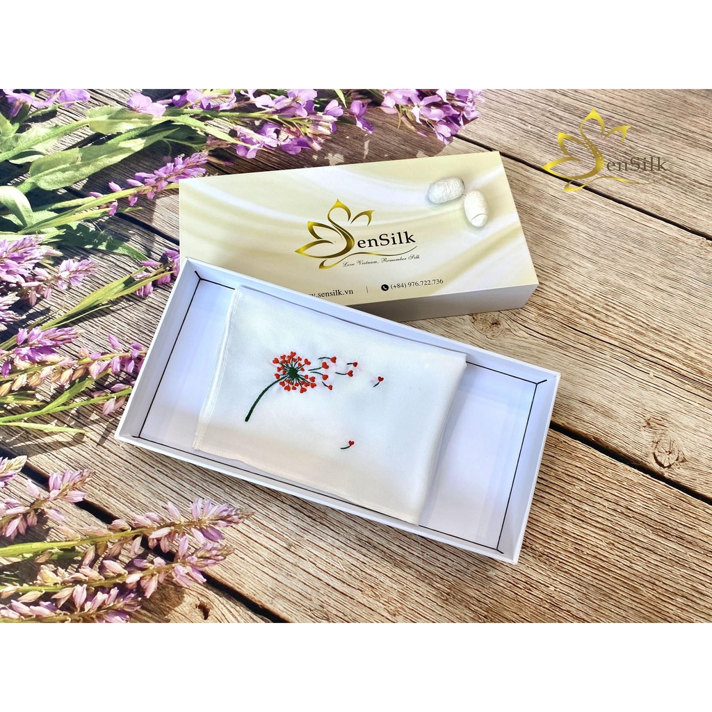 Khăn tay lụa thêu Bồ Công Anh Tim SenSilk 35x35cm, Quà kỷ yếu độc đáo