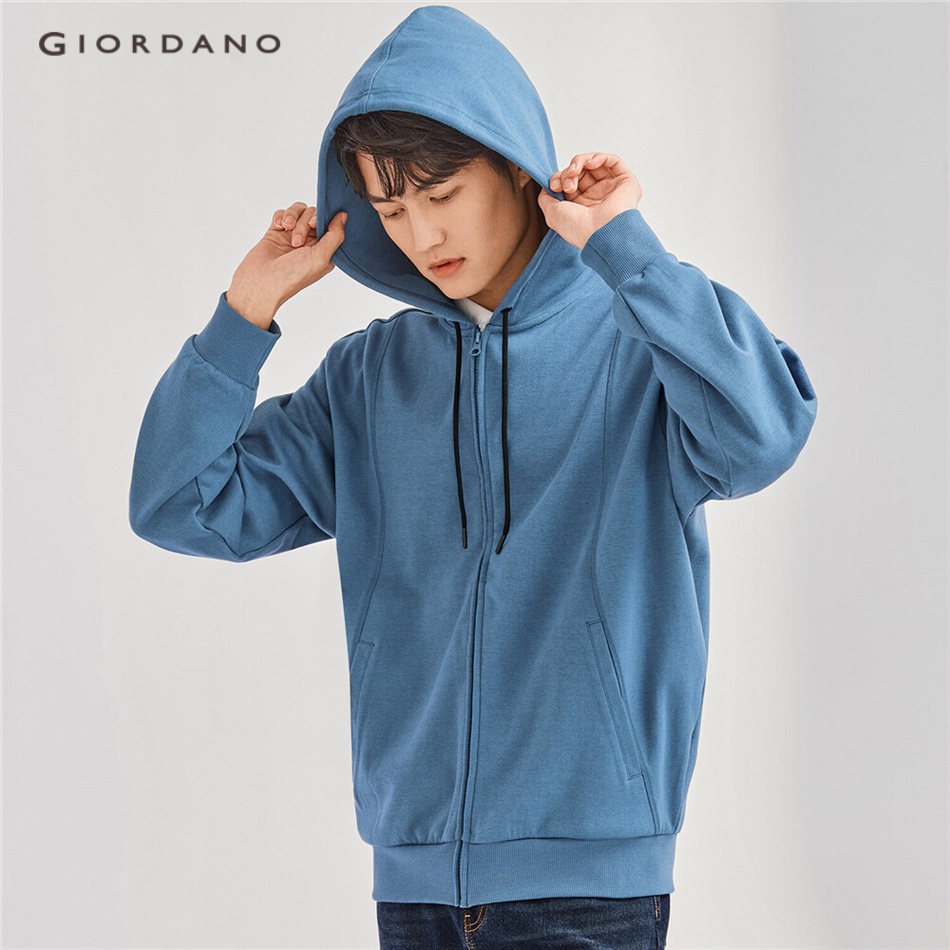 Áo khoác GIORDANO 01072089 có mũ và khóa kéo mở vải dệt interlock dáng rộng thời trang cho nam
