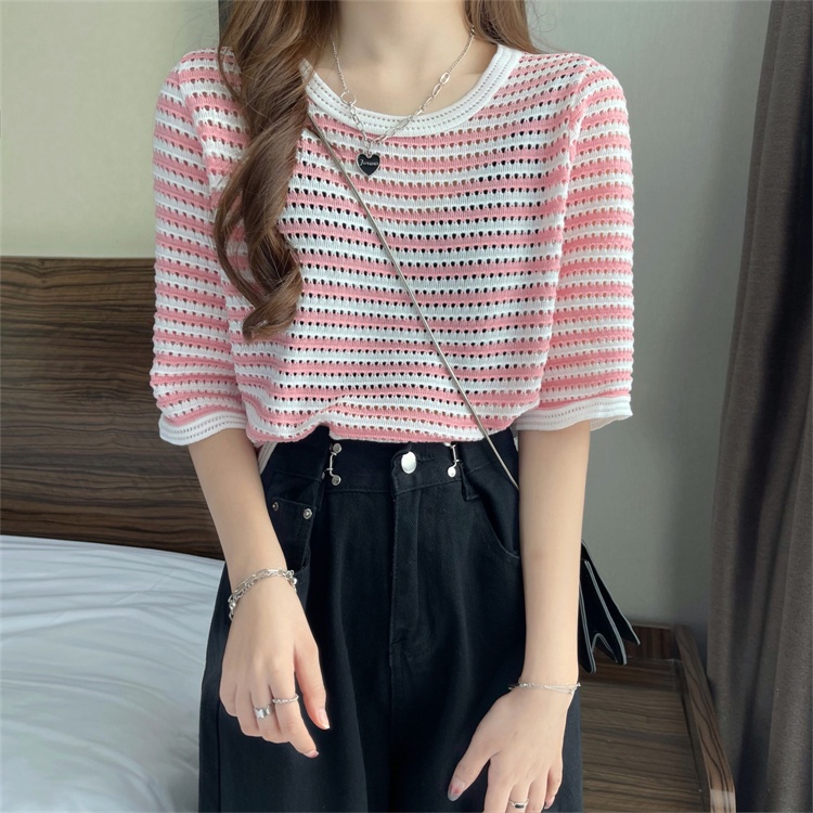 Áo lửng nữ len đan Leeva Shop phối sọc nhẹ nhàng A388