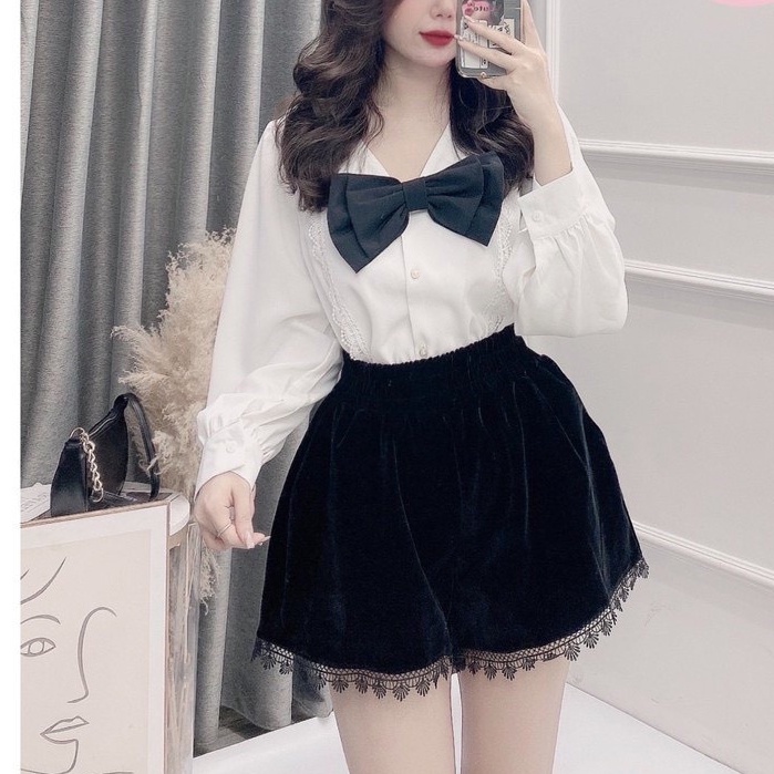 Quần Sooc Nhung Phối Ren Siêu Xinh, Quần đùi nhung Okella