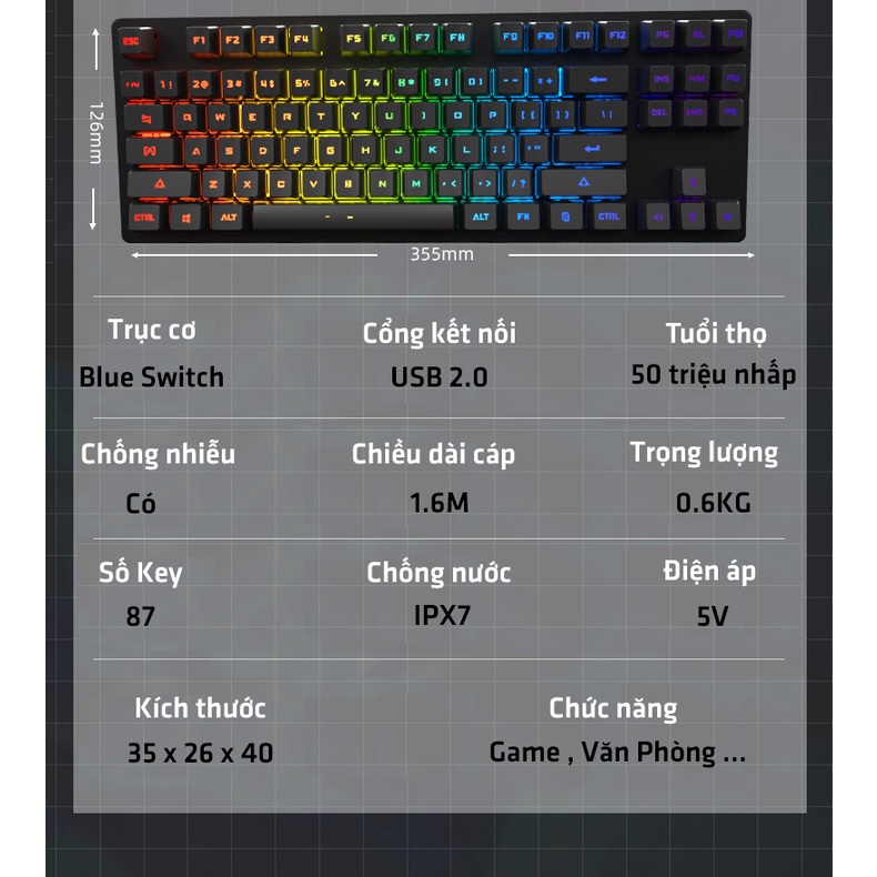 Bàn phím cơ Gaming Leaven K550 Blue Switch TKL 87 phím , LED Rainbow , chống nước