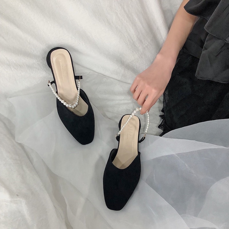 Sandal búp bê da lộn quai ngọc trắng sang trọng đế êm cao 2-3 phân