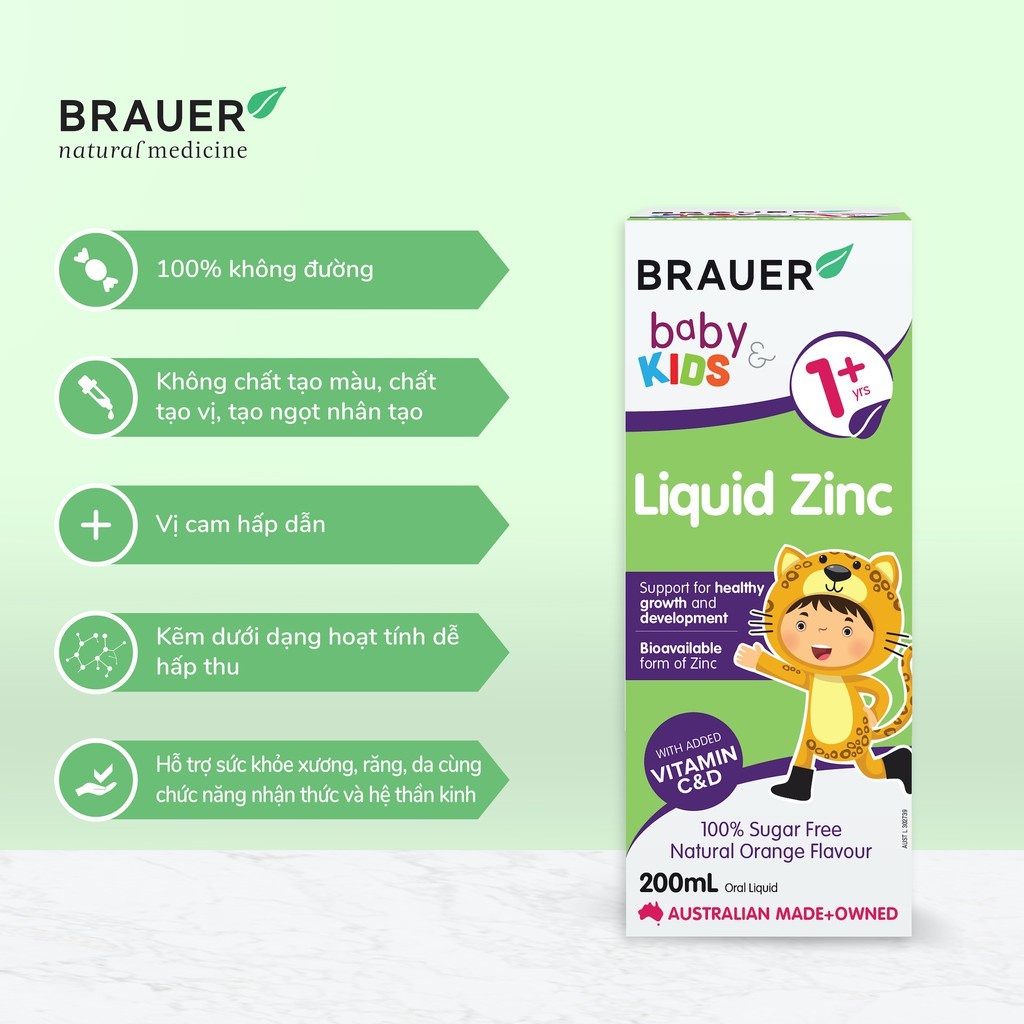 Siro bổ sung Kẽm, Vitamin C và D Brauer Úc Baby &amp; Kids Liquid Zinc cho bé trên 1 tuổi (200ml)